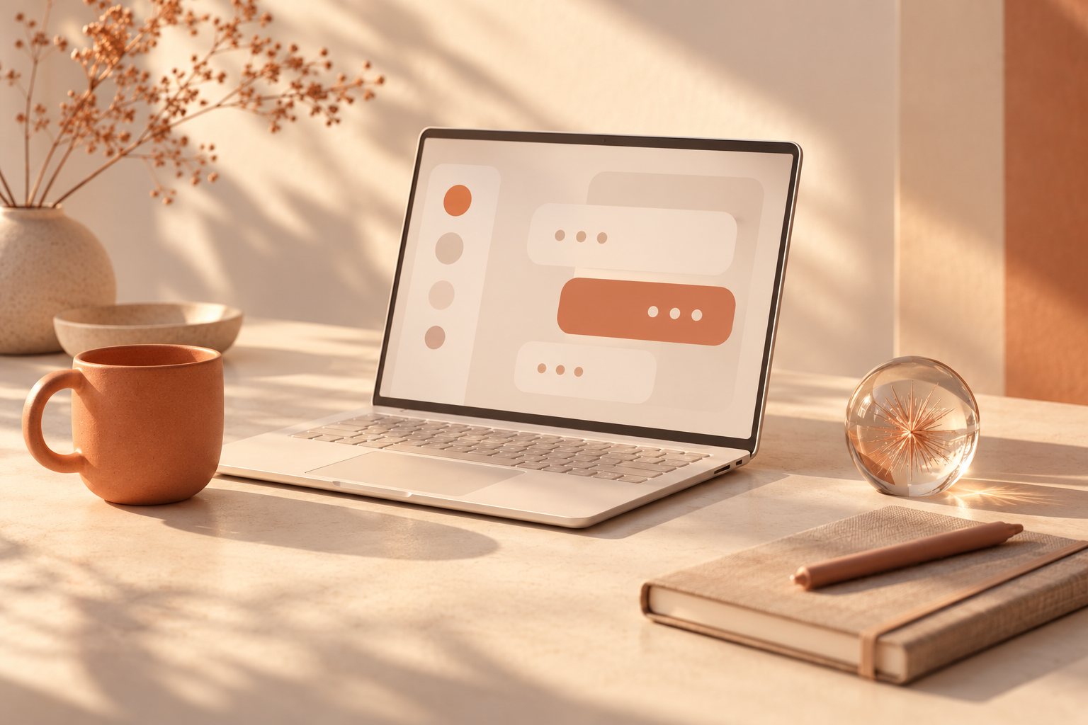 Warm clay desk with a laptop showing a Claude chat and a glass paperweight