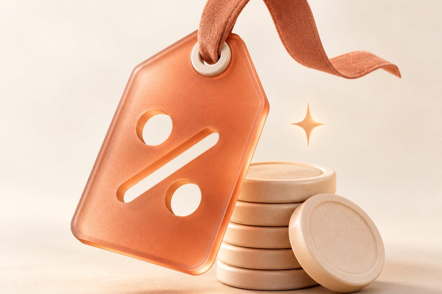 Terracotta glass price tag and ceramic coins on a cream background